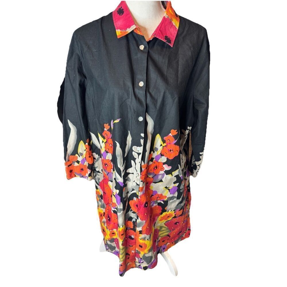 Soft Surroundings Black Coral Tunic Top Dress Embellished Career Casual Sz XL